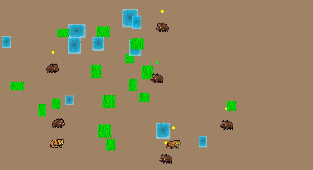 Agentes en Godot, con un chancho a punto de comer y jaguares aprendiendo a cazar